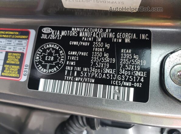 5XYPKDA51JG375174 2018 KIA SORENTO Gray 
