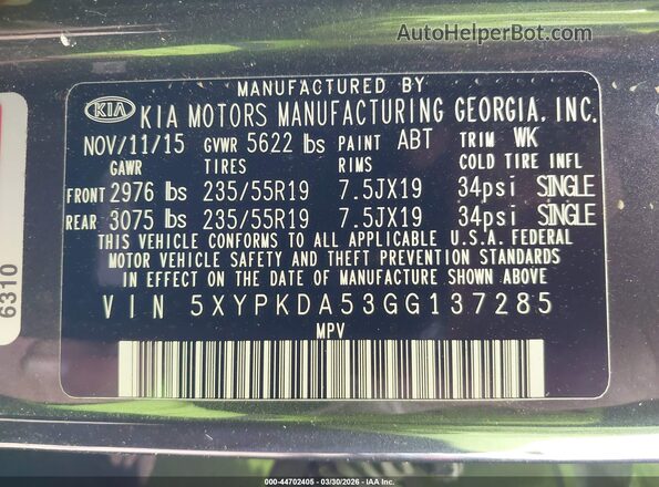 5XYPKDA53GG137285 2016 KIA SORENTO Gray 