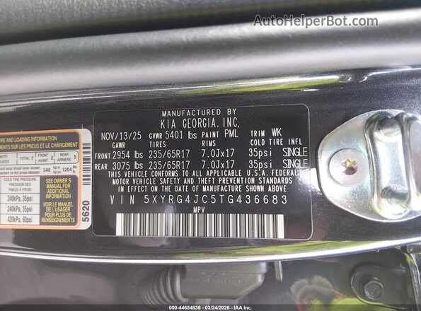 5XYRG4JC5TG436683 2026 KIA SORENTO Black Շարժիչի բաժամունքի տեսք