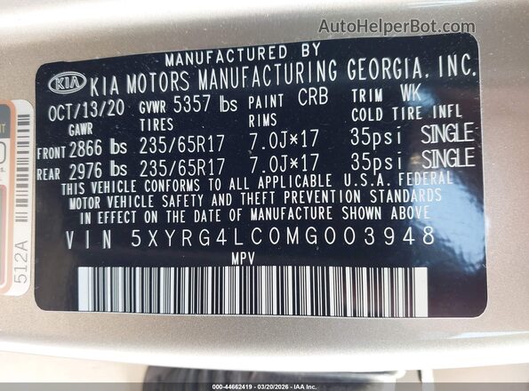 5XYRG4LC0MG003948 2021 KIA SORENTO Gold Engine compartment view