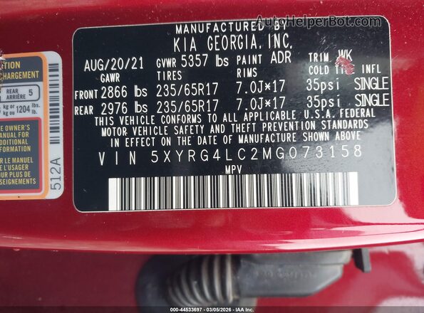 5XYRG4LC2MG073158 2021 KIA SORENTO Red 