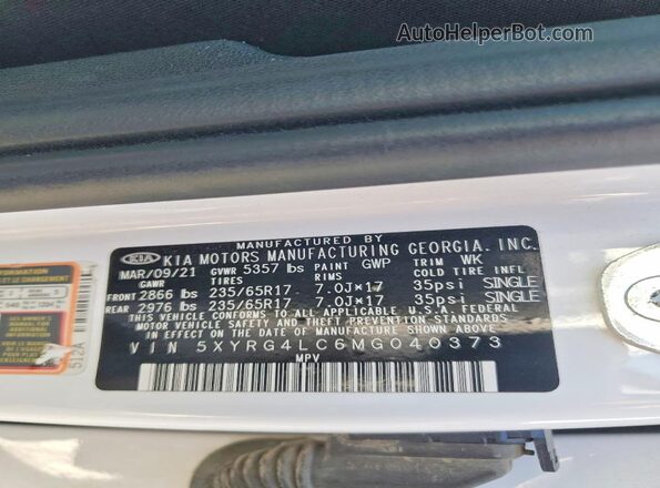 5XYRG4LC6MG040373 2021 KIA SORENTO White VIN sticker view