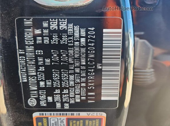 5XYRG4LC7MG047204 2021 KIA SORENTO Черный Вид наклейки с VIN-кодом
