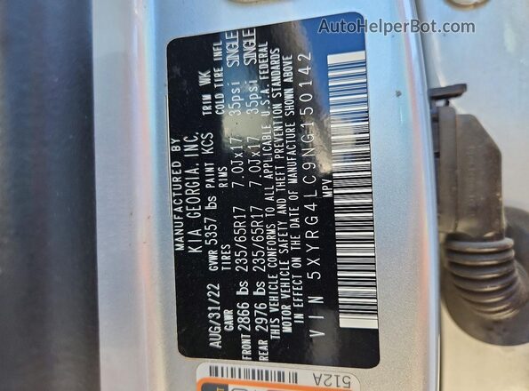 5XYRG4LC9NG150142 2022 KIA SORENTO Silver Vista de la etiqueta del VIN