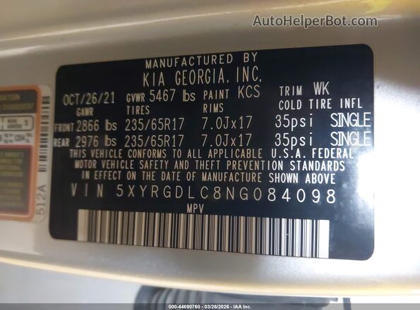 5XYRGDLC8NG084098 2022 KIA SORENTO Silver 