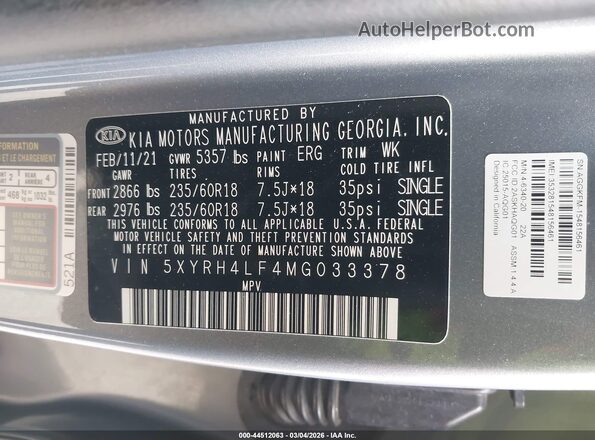 5XYRH4LF4MG033378 2021 KIA SORENTO Серый Вид подкапотного пространства