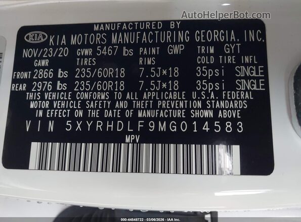 5XYRHDLF9MG014583 2021 KIA SORENTO White Engine compartment view
