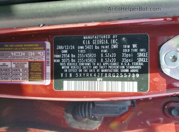 5XYRK4JF8RG255739 2024 KIA SORENTO Maroon Vista de la etiqueta del VIN