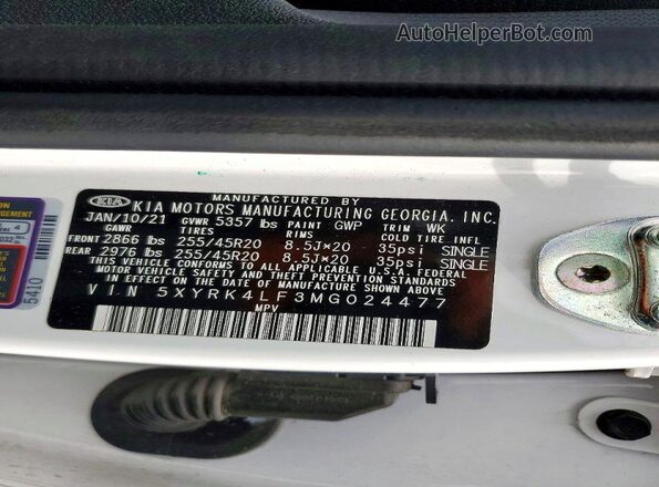 5XYRK4LF3MG024477 2021 KIA SORENTO White 
