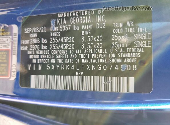 5XYRK4LFXNG074908 2022 KIA SORENTO Blue Vista del compartimento del motor