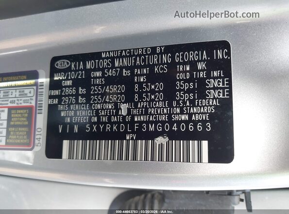 5XYRKDLF3MG040663 2021 KIA SORENTO Silver 