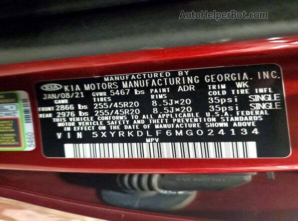 5XYRKDLF6MG024134 2021 KIA SORENTO Red VIN sticker view