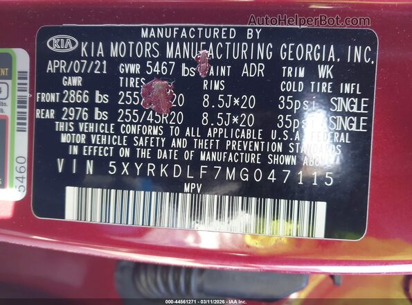 5XYRKDLF7MG047115 2021 KIA SORENTO Red Engine compartment view