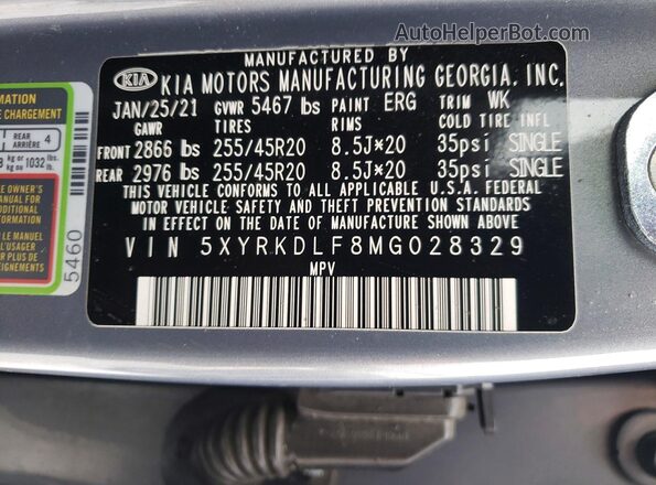 5XYRKDLF8MG028329 2021 KIA SORENTO Серый Вид наклейки с VIN-кодом