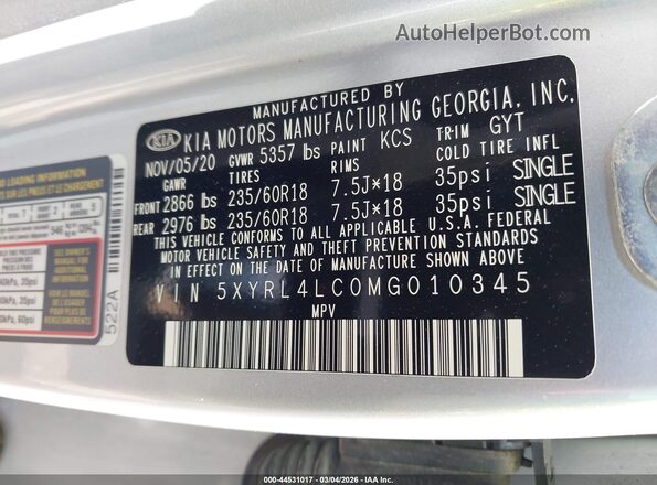 5XYRL4LC0MG010345 2021 KIA SORENTO Silver Widok komory silnika