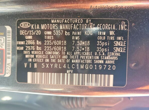 5XYRL4LC1MG019720 2021 KIA SORENTO Серый Вид наклейки с VIN-кодом