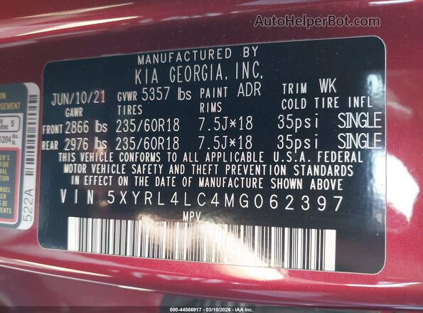 5XYRL4LC4MG062397 2021 KIA SORENTO Red Widok komory silnika