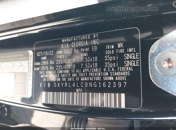 5XYRL4LC9NG162397 2022 KIA SORENTO Black Vista del compartimento del motor