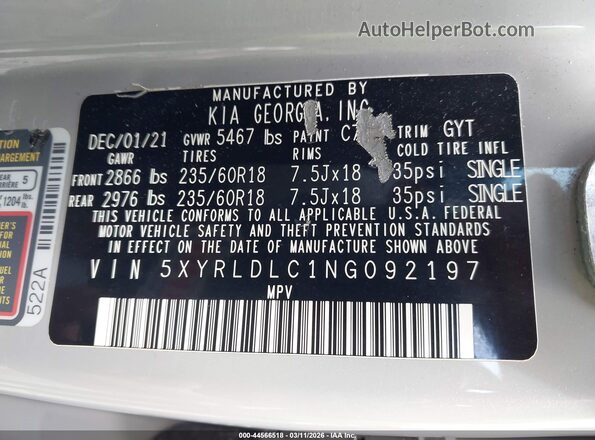 5XYRLDLC1NG092197 2022 KIA SORENTO Gray Widok komory silnika