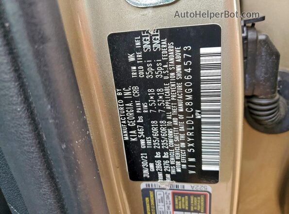 5XYRLDLC8MG064573 2021 KIA SORENTO Gold VIN sticker view