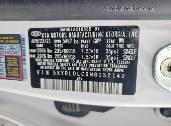 5XYRLDLC9MG052142 2021 KIA SORENTO White 360 interior view