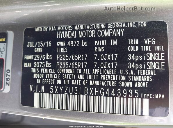 5XYZU3LBXHG443935 2017 HYUNDAI SANTA FE SPORT Gray Widok komory silnika