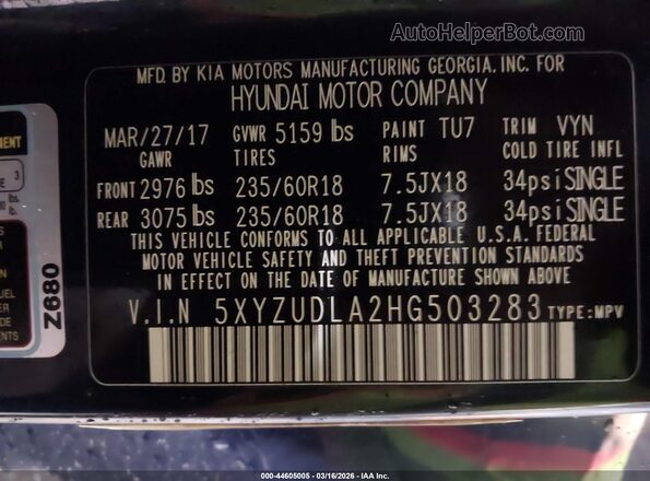 5XYZUDLA2HG503283 2017 HYUNDAI SANTA FE SPORT Синий Вид подкапотного пространства