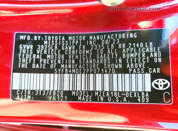 5YFB4MDE2PP071470 2023 TOYOTA LL Красный Вид наклейки с VIN-кодом