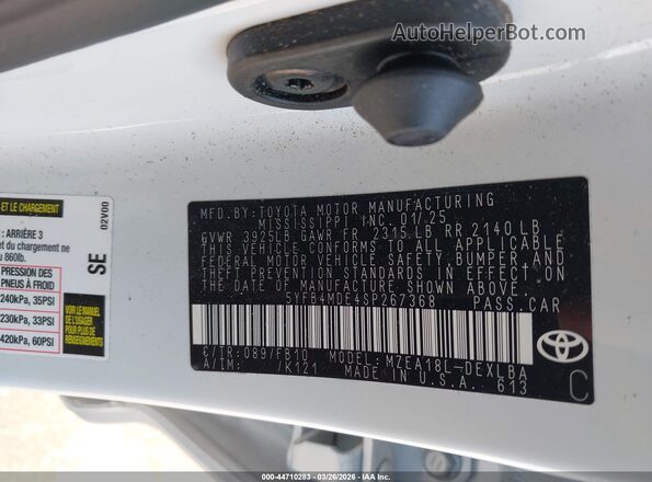 5YFB4MDE4SP267368 2025 TOYOTA LL White Engine compartment view