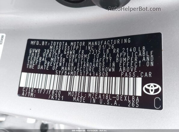 5YFB4MDEXTP414908 2026 TOYOTA LL Silver Engine compartment view