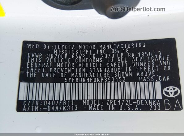 5YFBURHE0KP893152 2019 TOYOTA LL Белый 