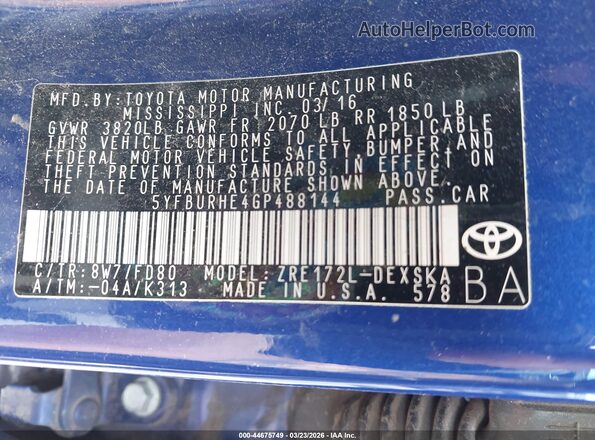 5YFBURHE4GP488144 2016 TOYOTA LL Blue Widok komory silnika