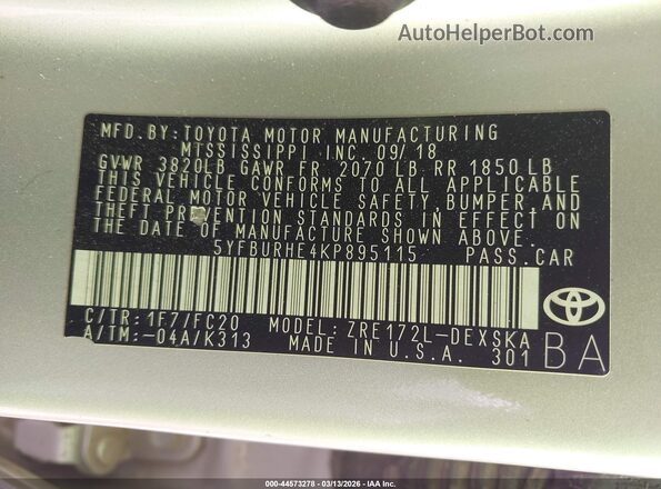 5YFBURHE4KP895115 2019 TOYOTA LL Silver ძრავის განყოფილების ხედი