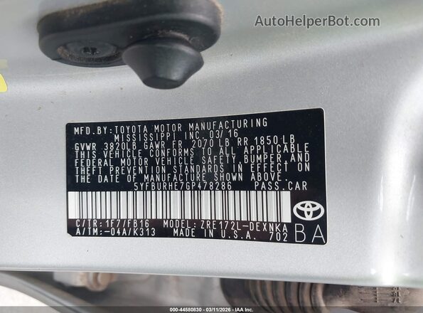 5YFBURHE7GP478286 2016 TOYOTA LL Gray ძრავის განყოფილების ხედი