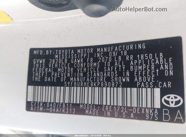 5YFBURHE8KP890872 2019 TOYOTA LL White Вид підкапотного простору