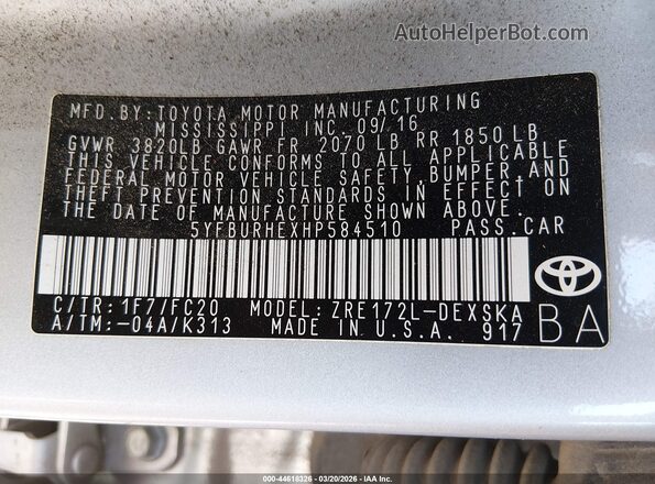 5YFBURHEXHP584510 2017 TOYOTA LL Серебряный Вид подкапотного пространства