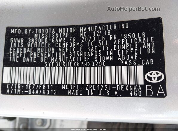 5YFBURHEXKP923290 2019 TOYOTA LL Silver 