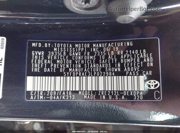5YFDPRAE3LP022984 2020 TOYOTA LL Black Widok komory silnika