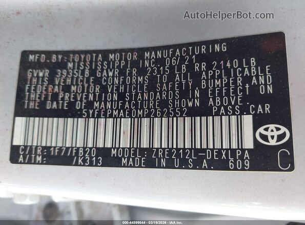 5YFEPMAE0MP262552 2021 TOYOTA LL Silver 