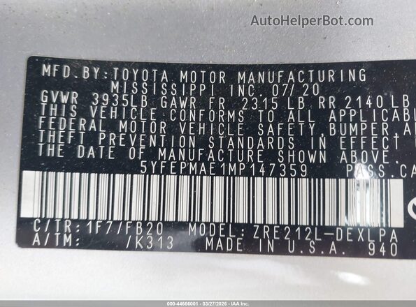 5YFEPMAE1MP147359 2021 TOYOTA LL Silver Engine compartment view