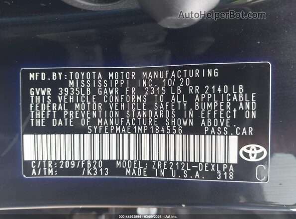 5YFEPMAE1MP184556 2021 TOYOTA LL Black Engine compartment view