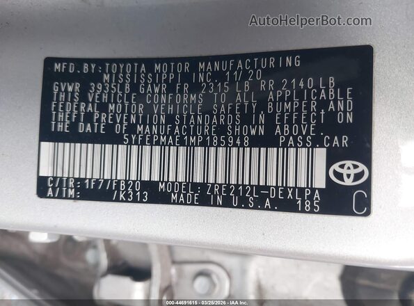 5YFEPMAE1MP185948 2021 TOYOTA LL Silver 