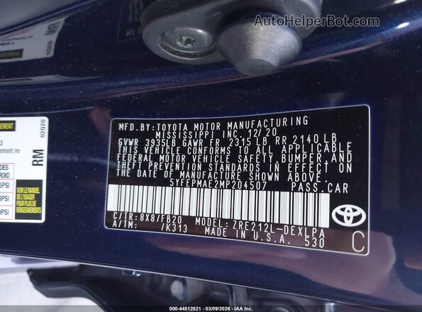 5YFEPMAE2MP204507 2021 TOYOTA LL Navy ძრავის განყოფილების ხედი
