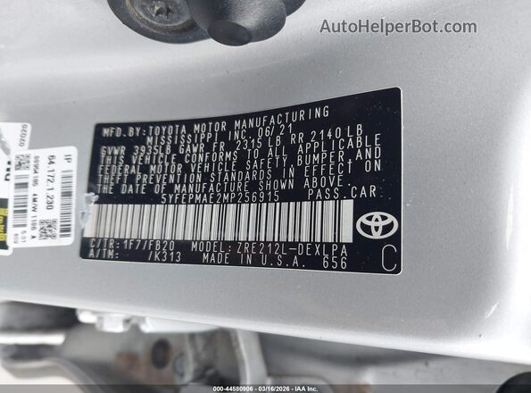 5YFEPMAE2MP256915 2021 TOYOTA LL Silver ძრავის განყოფილების ხედი