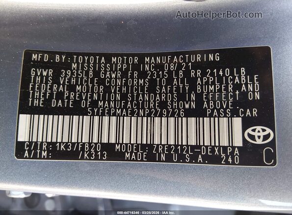 5YFEPMAE2NP279726 2022 TOYOTA LL Blue Widok komory silnika