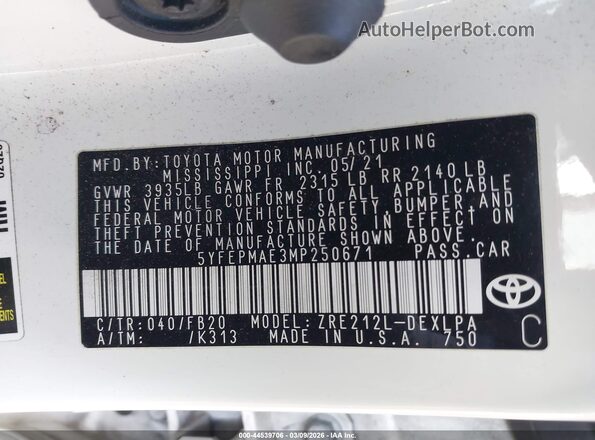 5YFEPMAE3MP250671 2021 TOYOTA LL White Շարժիչի բաժամունքի տեսք