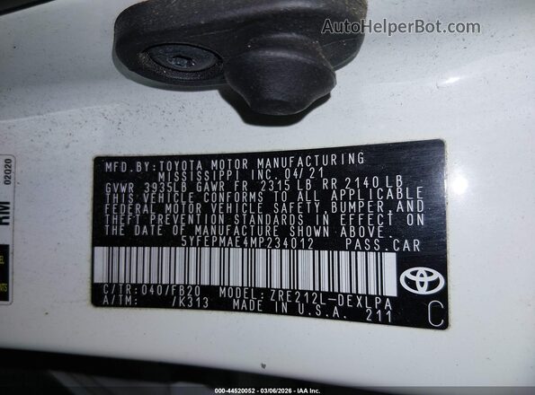 5YFEPMAE4MP234012 2021 TOYOTA LL White Engine compartment view