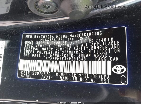5YFEPMAE4NP281848 2022 TOYOTA LL Black 