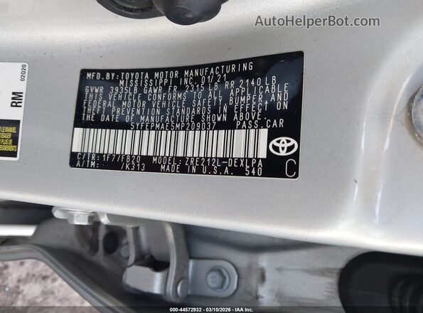 5YFEPMAE5MP209037 2021 TOYOTA LL Gray Widok komory silnika