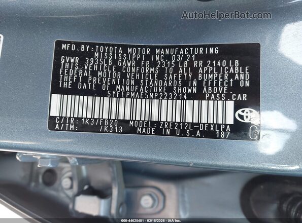 5YFEPMAE5MP223214 2021 TOYOTA LL Blue 